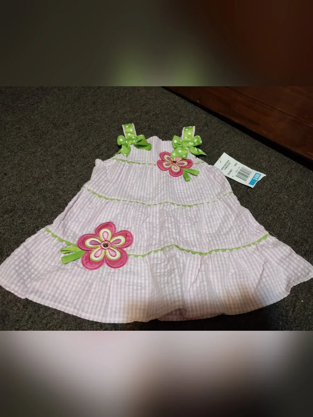 Macy's Pink Gingham Dress with Green Trim and Floral Appliqué Size 24M